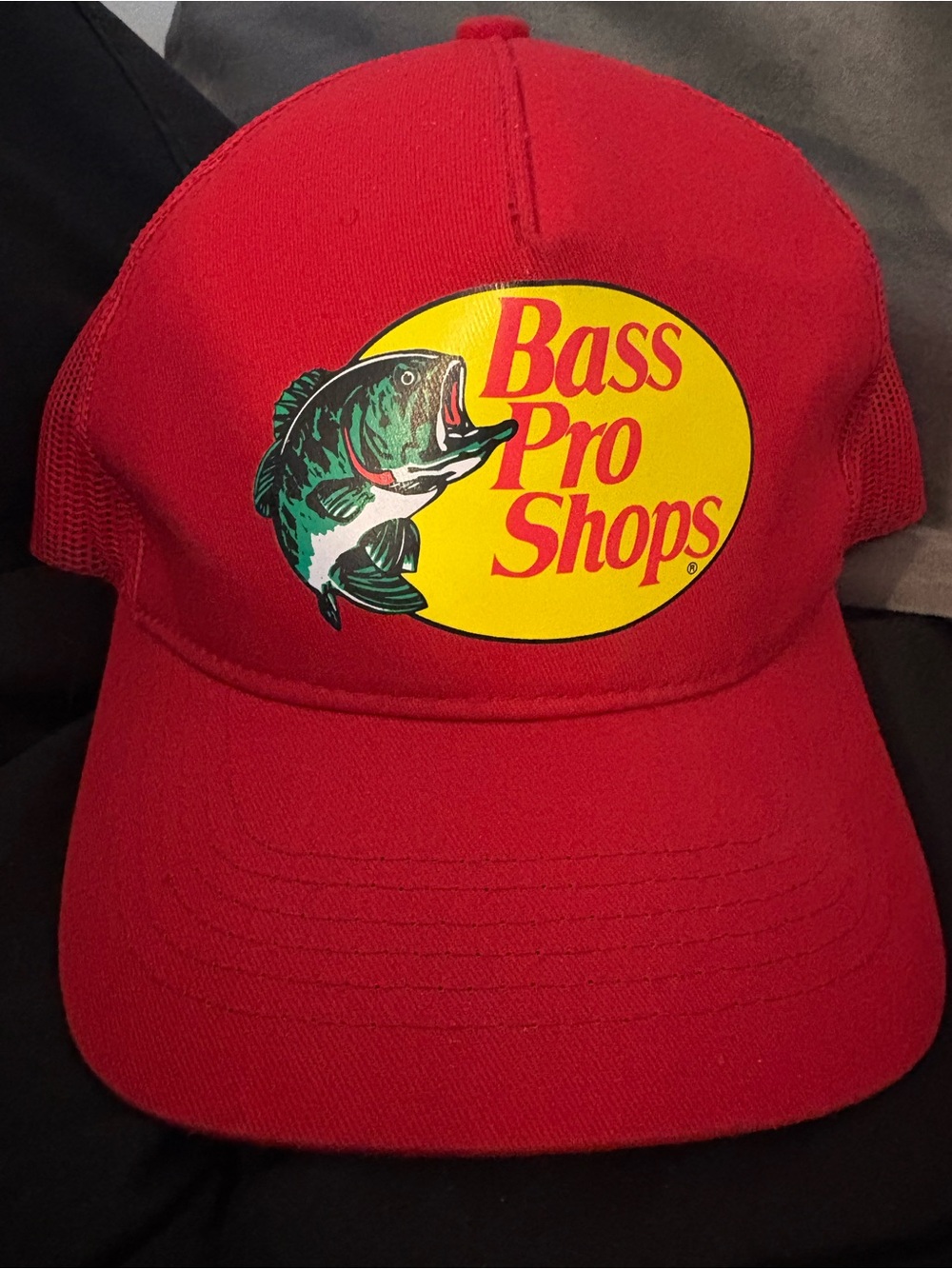 Bass Pro Shops Red Cap with Yellow Logo and Green Fish